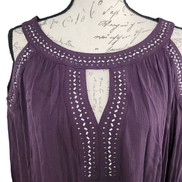 Knox Rose Women's Size Large Purple Studded Boho Cold Shoulder Shirt Dress - Picture 3 of 6